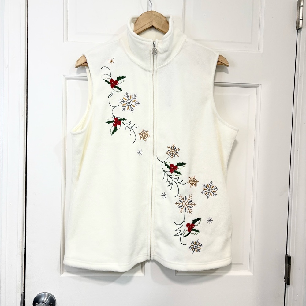 NWT Vintage Hastings & Smith Fleece Vest Ivory Full Zip Holly Snowflake Soft PXL